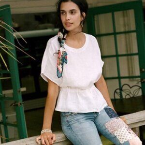 Cloth & Stone from Anthropologie White Linen Blouse w Drawstring Waist| Medium